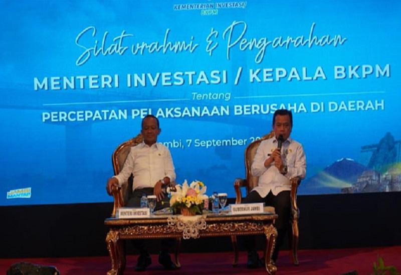 Gubernur Jambi, Al Haris mendampingi Menteri Investasi RI/Kepala   Badan Koordinasi Penanaman Modal, Bahlil Lahadalia menghadiri Silahturahmi   dan Pemberian Arahan Menteri Investasi RI kepada Pelaku Usaha UMKM, Kadin dan   HIPMI, di Auditorium Rumah Dinas Gubernur Jambi, Rabu (07/09).