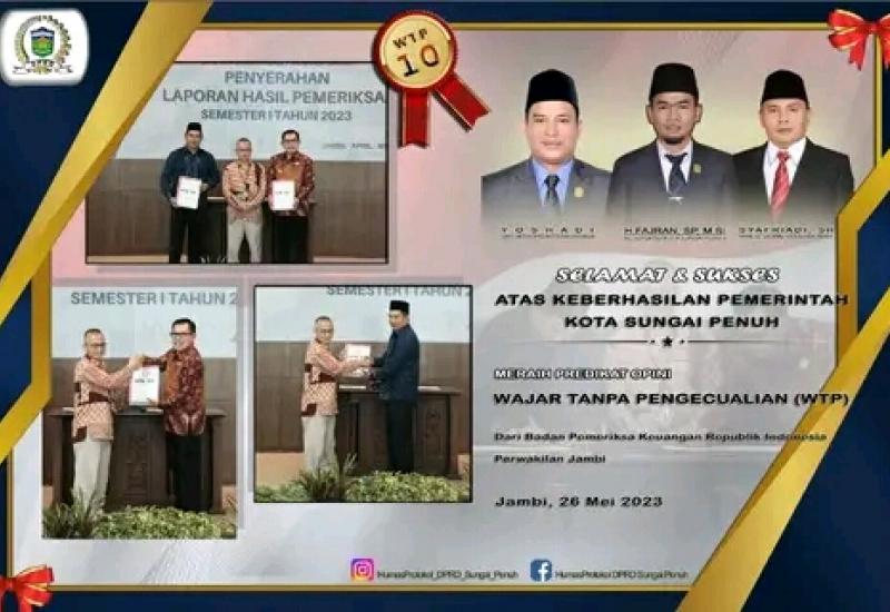 Pimpinan dan Anggota DPRD Kota Sungai Penuh Beri Ucapan Selamat Pemkot Sungai Raih WTP Ke 10