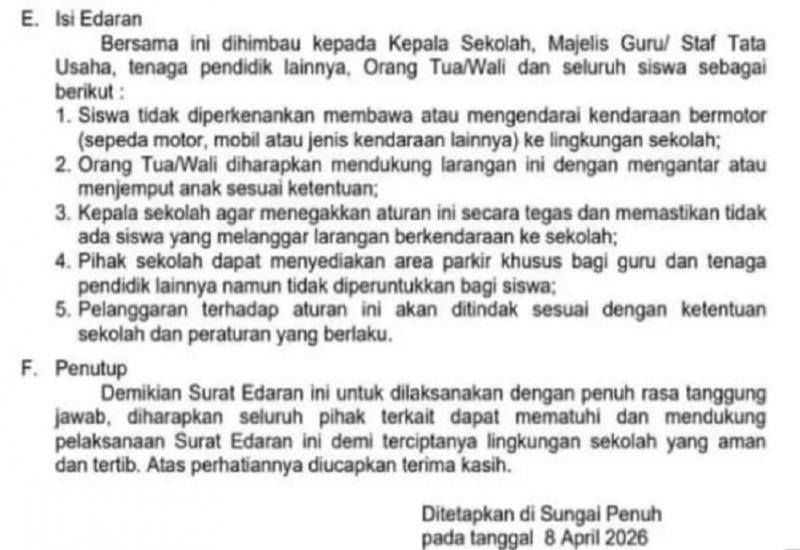 Demi Keselamatan, Siswa SD Dan SMP Kota Sungai Penuh Dilarang Berkendaraan